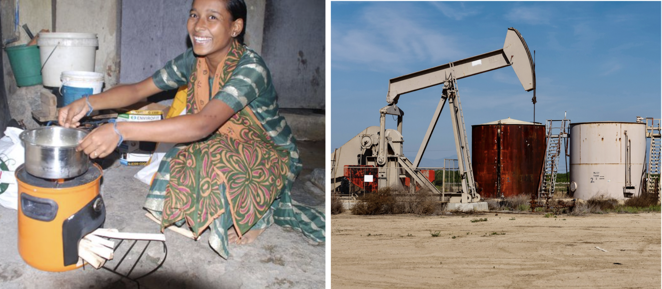 Left-hand: Improved Cookstoves in India, Climate Impact Partners. Right-hand: Abandoned oil well, Inside Climate News.